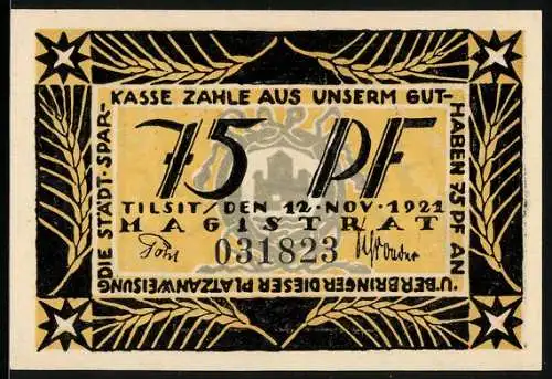 Notgeld Tilsit 1921, 75 Pfennig, Fabrik, Rathaus, Tilsiter Käse