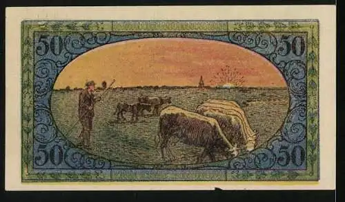 Notgeld Tondern 1920, 50 Pfennig, Bauer auf der Rinderweide
