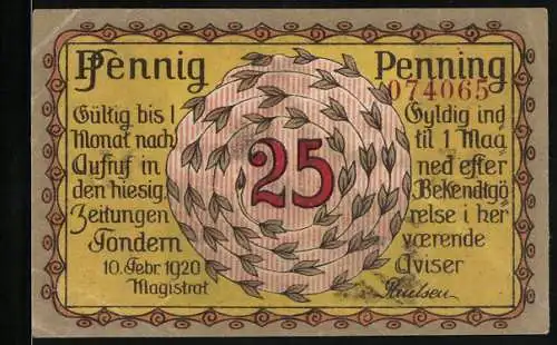 Notgeld Tondern 1920, 25 Pfennig, Mädchen in Tracht mit dem Goldhorn
