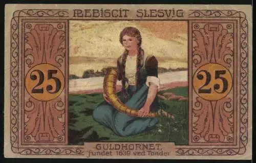 Notgeld Tondern 1920, 25 Pfennig, Mädchen in Tracht mit dem Goldhorn
