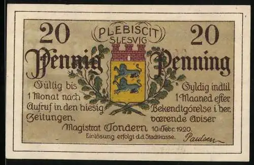 Notgeld Tondern 1920, 20 Pfennig, Gast im weissen Schwan