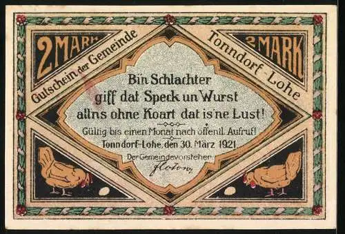 Notgeld Tonndorf-Lohe 1921, 2 Mark, Mann mit Schweinen, Mann mit Huhn