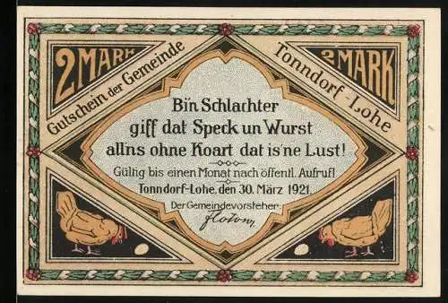Notgeld Tonndorf-Lohe 1921, 2 Mark, Zwei Männer auf dem Weg zum Viehmarkt
