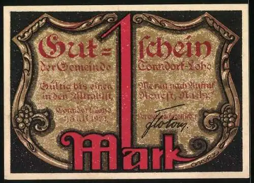 Notgeld Tonndorf-Lohe 1921, 1 Mark, Figur mit Dokument des Kreis-Brotkartells