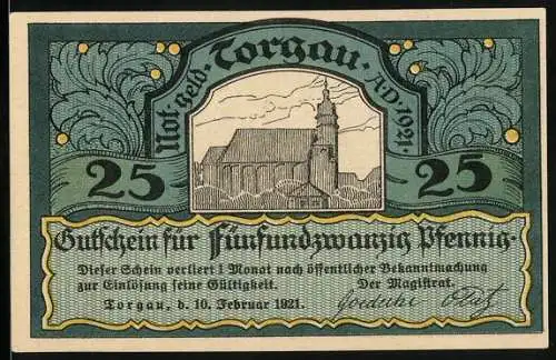 Notgeld Torgau 1921, 25 Pfennig, Kirche und Ritter