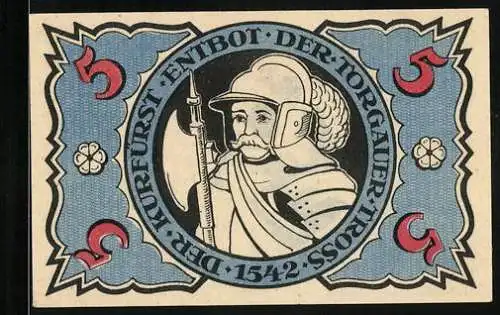 Notgeld Torgau 1921, 5 Pfennig, Portrait Ritter mit Beil