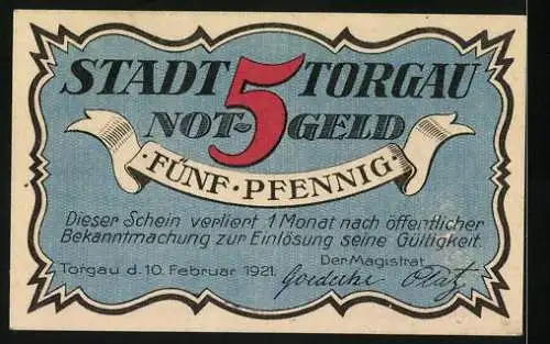 Notgeld Torgau 1921, 5 Pfennig, Portrait Ritter mit Beil