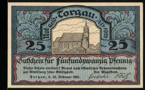 Notgeld Torgau 1921, 25 Pfennig, Kirche und Ritter mit Schwert