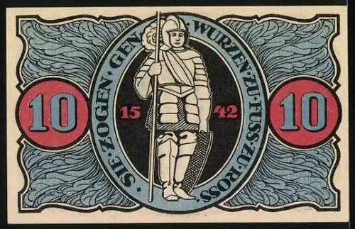 Notgeld Torgau 1921, 10 Pfennig, Ritter mit Schild und Lanze