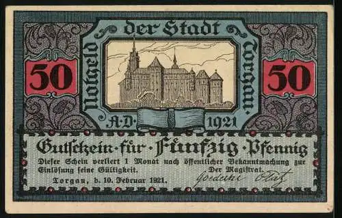 Notgeld Torgau 1921, 50 Pfennig, Blick auf Burg und Ritter zu Pferd