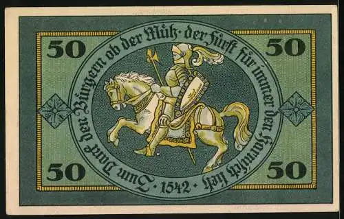 Notgeld Torgau 1921, 50 Pfennig, Burg und bewaffneter Ritter zu Pferd