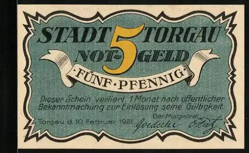 Notgeld Torgau 1921, 5 Pfennig, Ritter mit Helm und Schnauzbart