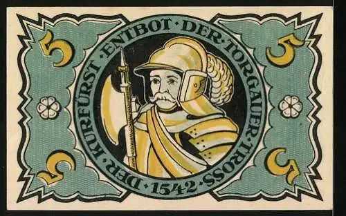 Notgeld Torgau 1921, 5 Pfennig, Ritter mit Helm und Schnauzbart