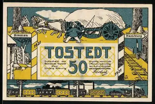 Notgeld Tostedt 1921, 50 Pfennig, Bahnstrecke und Galgenbaum