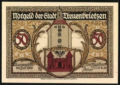 Notgeld Treuenbrietzen 1921, 50 Pfennig, Waldemar wird vor der Stadt abgewiesen