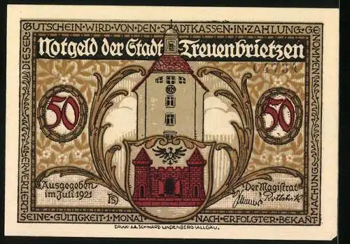 Notgeld Treuenbrietzen 1921, 50 Pfennig, Luther predigt unter der Lutherlinde vor der Marienkirche