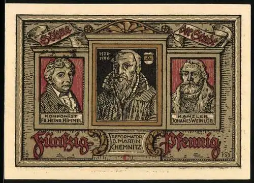 Notgeld Treuenbrietzen 1921, 50 Pfennig, Fr. Heinr. Himmel, D. Martin Chemnitz, Johanes Weinlob