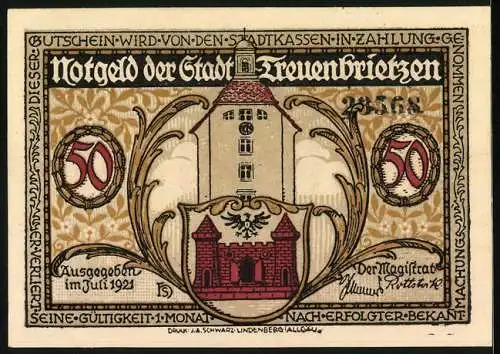 Notgeld Treuenbrietzen 1921, 50 Pfennig, Fr. Heinr. Himmel, D. Martin Chemnitz, Johanes Weinlob