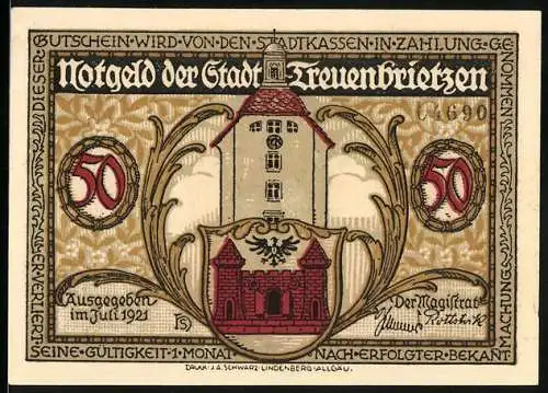 Notgeld Treuenbrietzen 1921, 50 Pfennig, Mutter Gottes v. Treuenbrietzen