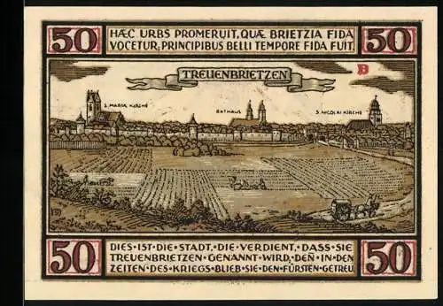 Notgeld Treuenbrietzen 1921, 50 Pfennig, Ortsansicht mit S. Maria Kirche, Rathaus und S. Nicolai Kirche