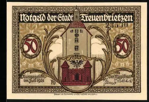 Notgeld Treuenbrietzen 1921, 50 Pfennig, Kurfürst Ludwig I verleiht an die Treuenbrietzener Bürgerschaft Landbesitz