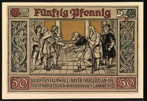 Notgeld Treuenbrietzen 1921, 50 Pfennig, Kurfürst Ludwig I verleiht an die Treuenbrietzener Bürgerschaft Landbesitz