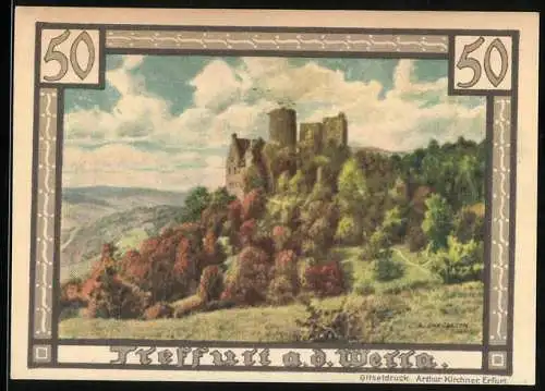 Notgeld Treffurt a. d. Werra 1921, 50 Pfennig, Wappen und Blick auf die Burg
