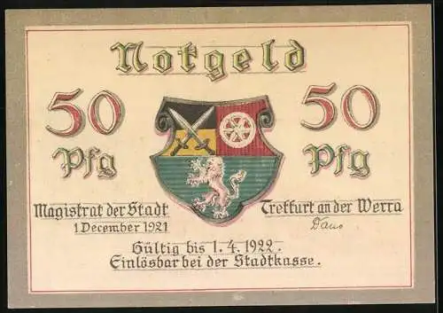 Notgeld Treffurt a. d. Werra 1921, 50 Pfennig, Wappen und Blick auf die Burg