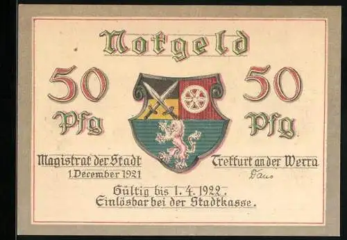 Notgeld Treffurt a. d. Werra 1921, 50 Pfennig, Wappen und Ortsansicht mit Flusspartie