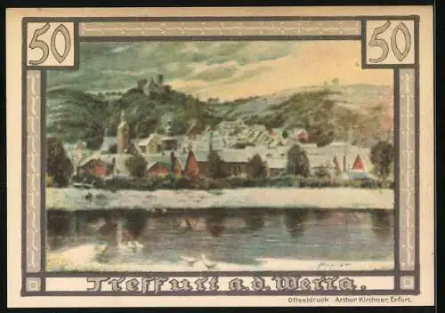 Notgeld Treffurt a. d. Werra 1921, 50 Pfennig, Wappen und Ortsansicht mit Flusspartie