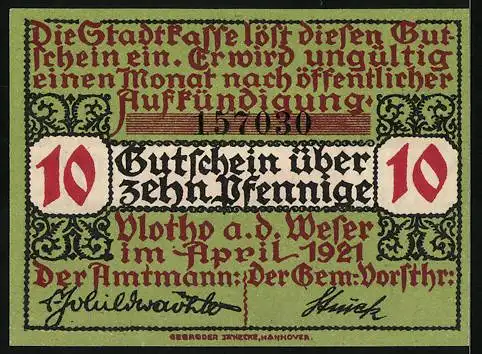 Notgeld Vlotho 1921, 10 Pfennig, Wappen und Lilien