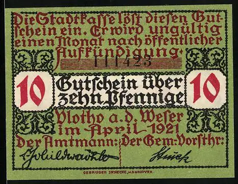 Notgeld Vlotho 1921, 10 Pfennig, Wappen und Lilienverziehrung