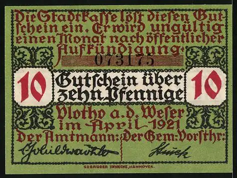 Notgeld Vlotho 1921, 10 Pfennig, Lilien und Wappen