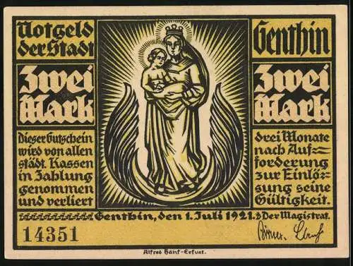 Notgeld Genthin 1921, 2 Mark, Madonna mit Kind und Denkmal mit Kirche