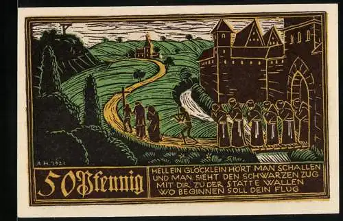Notgeld Schwäbisch Gmünd 1921, 50 Pfennig, Stadtmauer mit Prozession