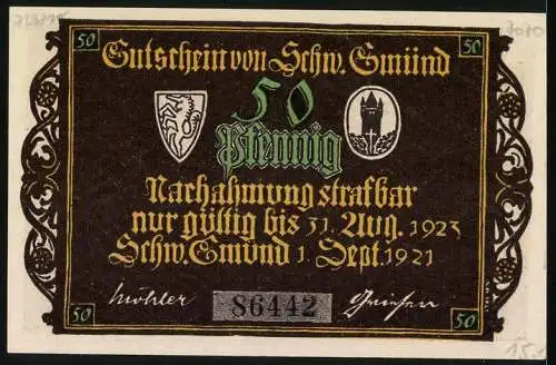 Notgeld Schwäbisch Gmünd 1921, 50 Pfennig, Stadtmauer mit Prozession