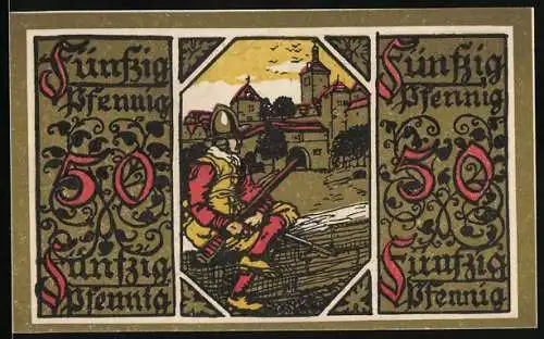 Notgeld Rothenburg 1918, 50 Pfennig, Wappen und historischer Soldat mit Helm