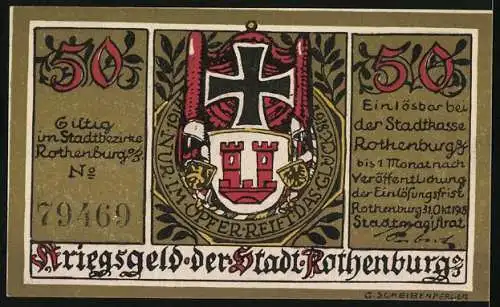 Notgeld Rothenburg 1918, 50 Pfennig, Wappen und historischer Soldat mit Helm