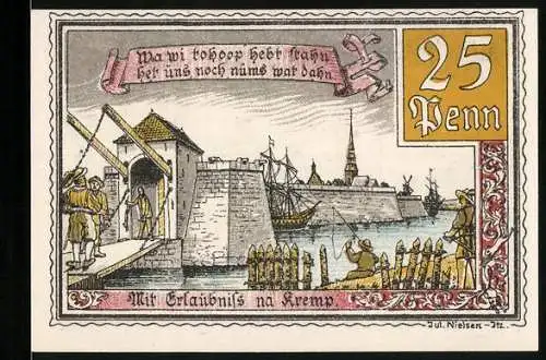 Notgeld Kremp 1920, 25 Pfennig, Historische Hafenszene, Bahnhof und Wappen
