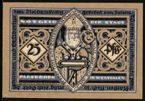 Notgeld Paderborn 1920, 25 Pfennig, Bischof mit Bibel