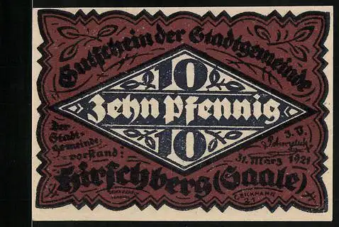 Notgeld Hirschberg /Saale 1921, 10 Pfennig, Ortsansicht mit Burg