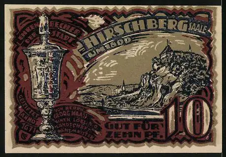 Notgeld Hirschberg /Saale 1921, 10 Pfennig, Ortsansicht mit Burg