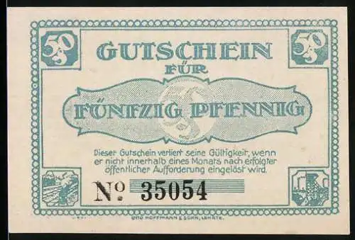 Notgeld Lehrte 1921, 50 Pfennig, Stadtsilhouette mit Fabrikschornsteinen