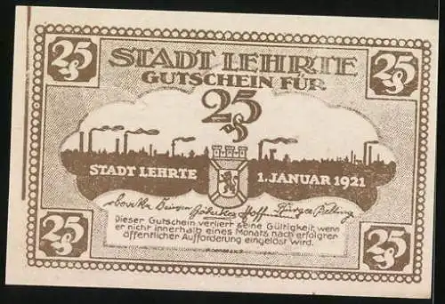 Notgeld Lehrte 1921, 25 Pfennig, Silhouette der Stadt