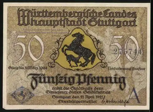 Notgeld Stuttgart 1921, 50 Pfennig, Wappen und Altes Schloss mit Stiftskirche