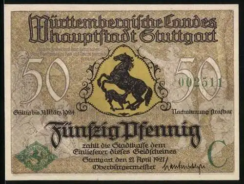 Notgeld Stuttgart 1921, 50 Pfennig, Wappen und Blick über die Dächer