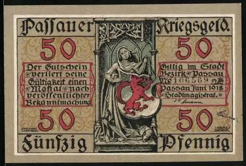 Notgeld Passau 1918, 50 Pfennig, Statue mit Wappen und Teilansicht mit Boot