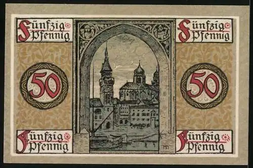 Notgeld Passau 1918, 50 Pfennig, Statue mit Wappen und Teilansicht mit Boot