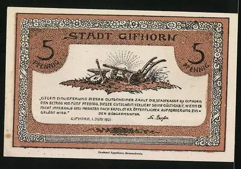 Notgeld Gifhorn 1921, 5 Pfennig, Karren und Amboss, Bauer mit Geldsäcken