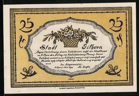 Notgeld Gifhorn 1921, 25 Pfennig, Blumenkorb und Teilansicht mit Flusspartie